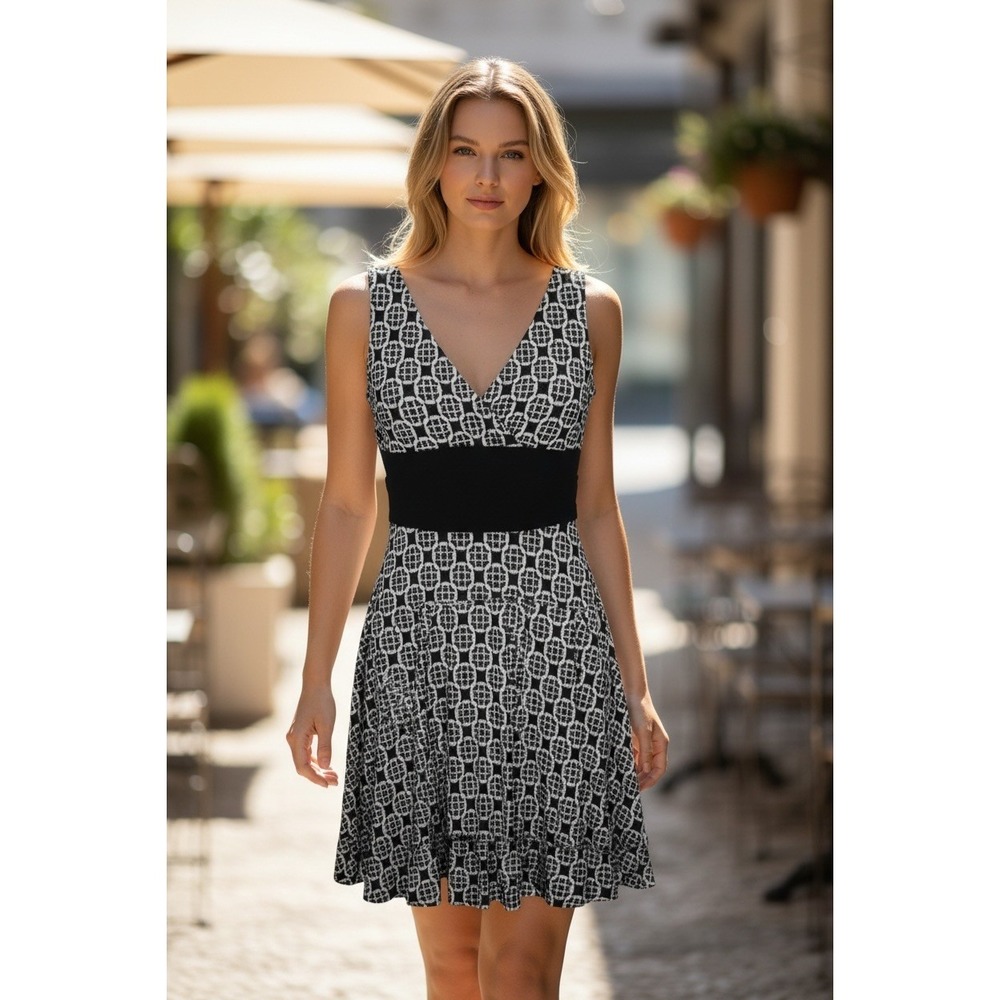 NWT White House Black Market Black White Medallion V-Neck Ruffled Hem Dress XS - Picture 2 of 7